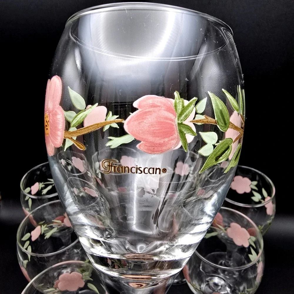 Franciscan Desert Rose Wine Goblets Set of 8 Pink Floral Stemmed Water Glasses